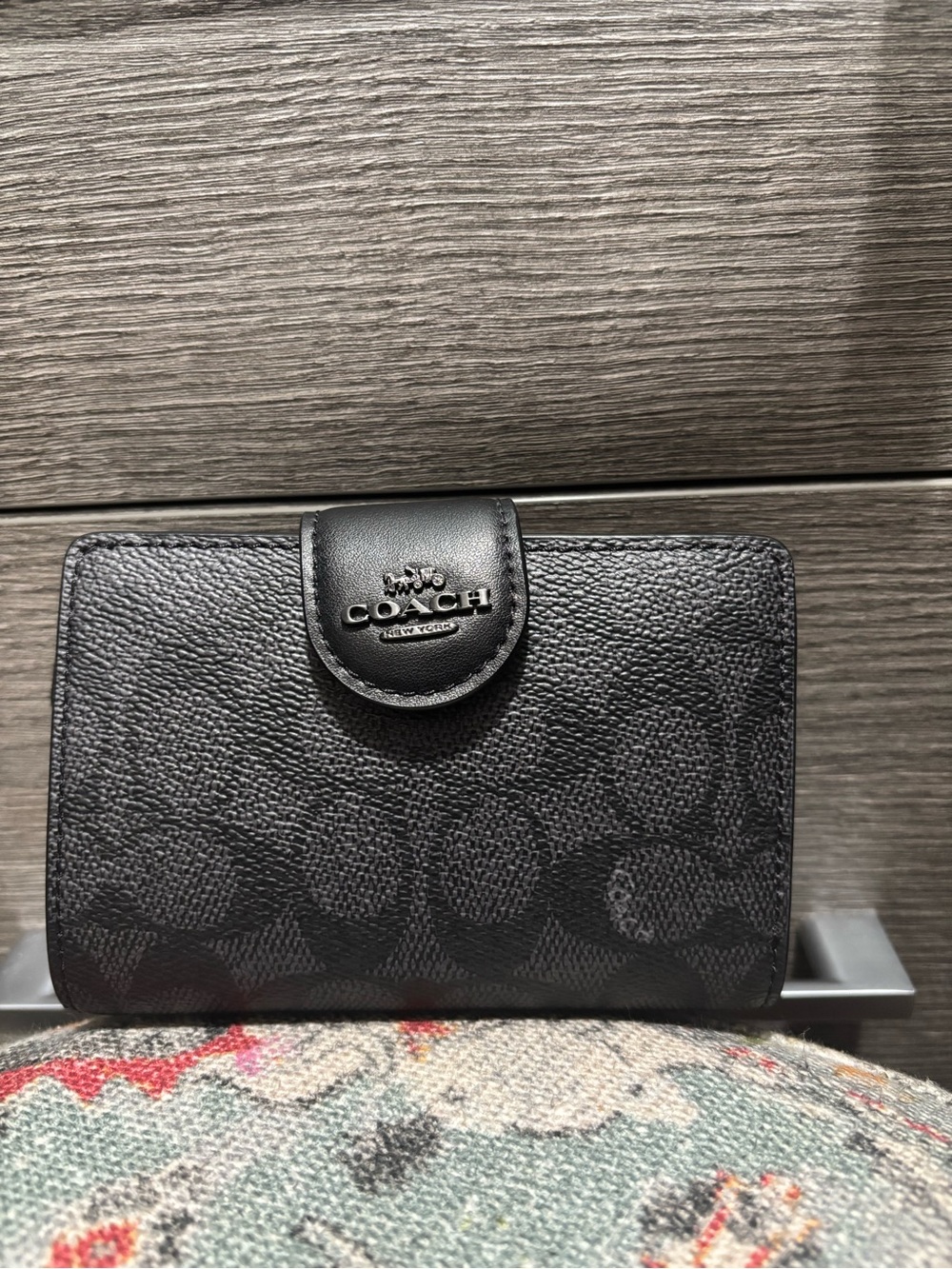 Coach Black Signature Compact Wallet with Logo Snap